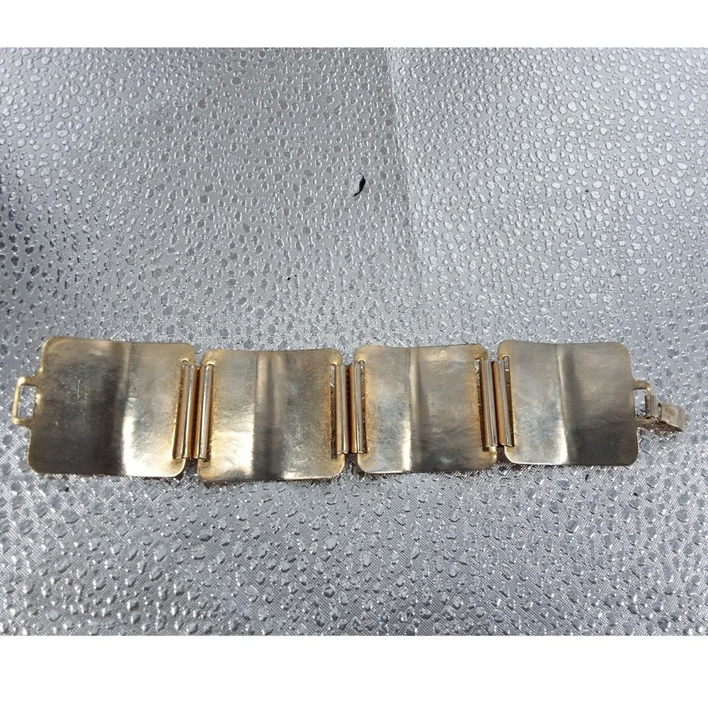 Vintage‎ 1970s Brutalist Tiger's Eye 5-Panel Link Bracelet Gold Tone 8
